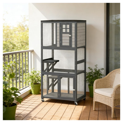 Multi-Level Wooden and Steel Cat House in Black and Gray Tones