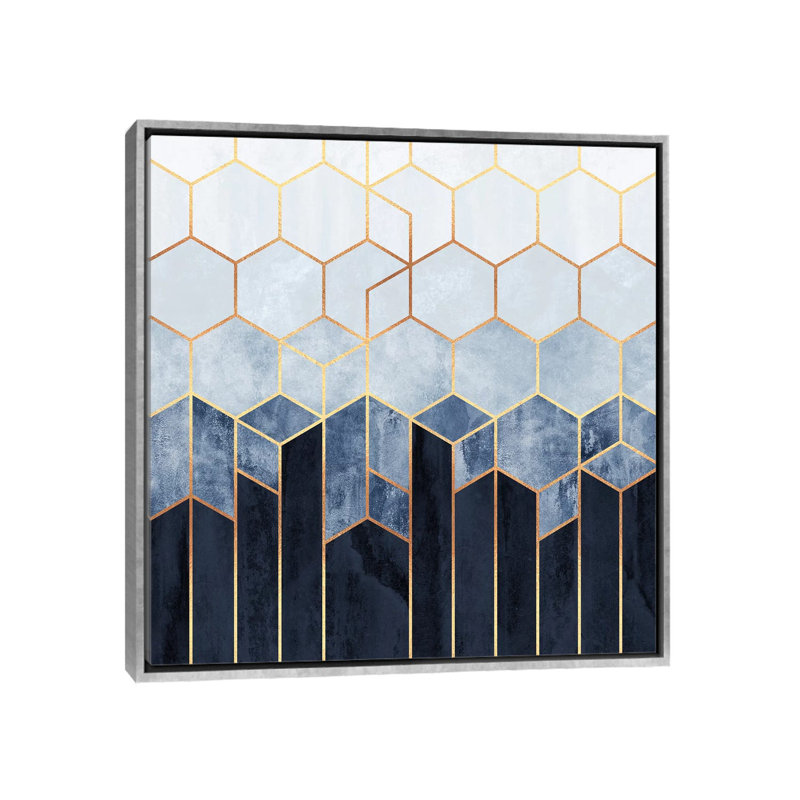 « doux blue hexagones » par elisabeth fredriksson-print, H 26 po x l 26 po x P 1,5 po, Toile avec cadre argenté