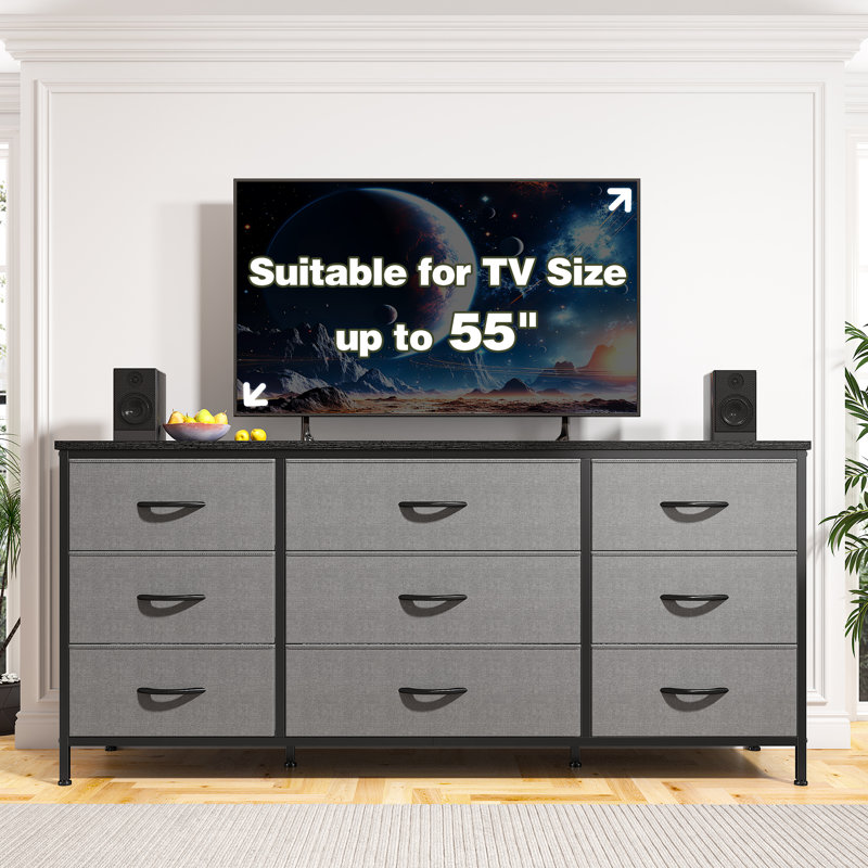 Bouchette 9 Drawer Dresser for Bedroom, Long Dresser, Bedroom Dressers TV Stand for 55" Inch TV, Dark Gray/Black