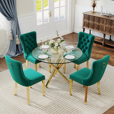 5-Piece Modern Round Pedestal Dining Set with Velvet Tufted Dining Chair for Dining Room and Living Room