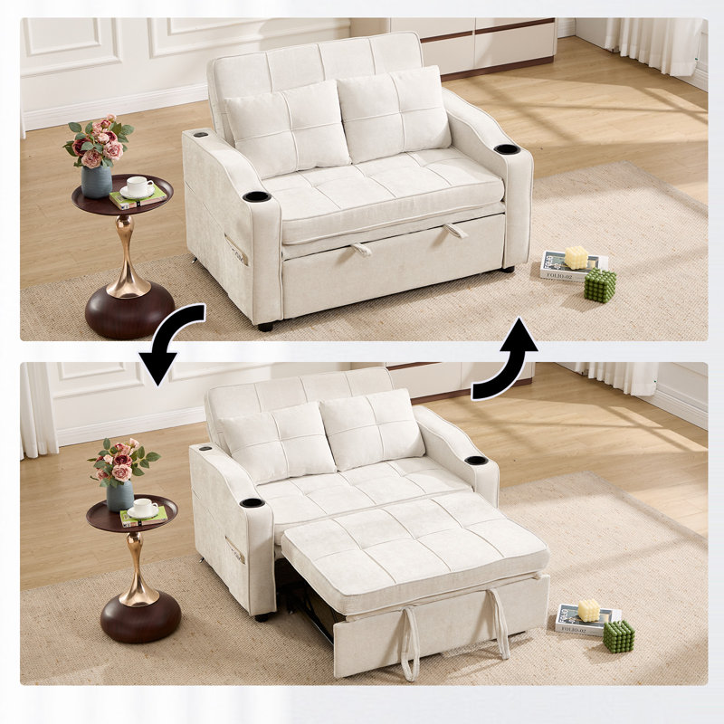  Wide Contemporary And Super Soft Upholstered Sleeper Sofa With Convertible Backrest And Cupholder, Beige