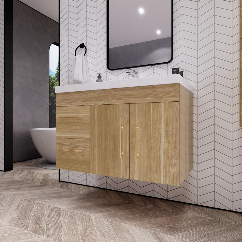 Hebersham 35.44'' Single Bathroom Vanity with Acrylic Top, Champagne Oak