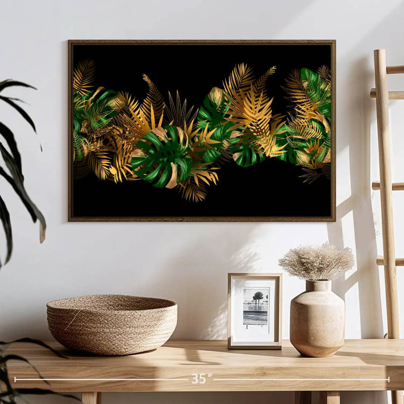 Feuilles dorées et vertes, 25 po x 17 po, Cadre flottant en noyer