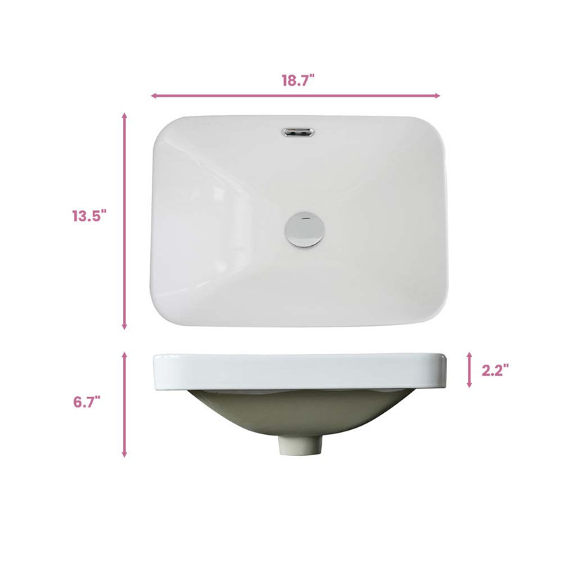 Plateau de meuble-lavabo rectangulaire en céramique blanc brillant de 18 pouces avec trop-plein, conception moderne, facile à nettoyer, robinet et drain non inclus