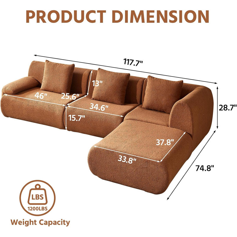 Canapé modulaire surdimensionné à compression surdimensionné avec repose-pieds mobile, canapé convertible en L en velours de L 4 places de 117 pouces, canapé convertible en nuage pour le salon, le bureau et le cinéma maison