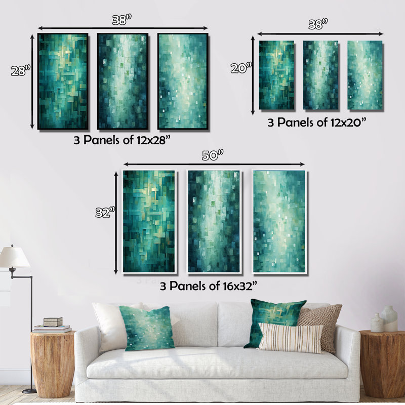 «California Sunshine Abstract Cubist Turquoise», ensemble de 3 reproductions, Toile tendue, H 32 po x l 48 po