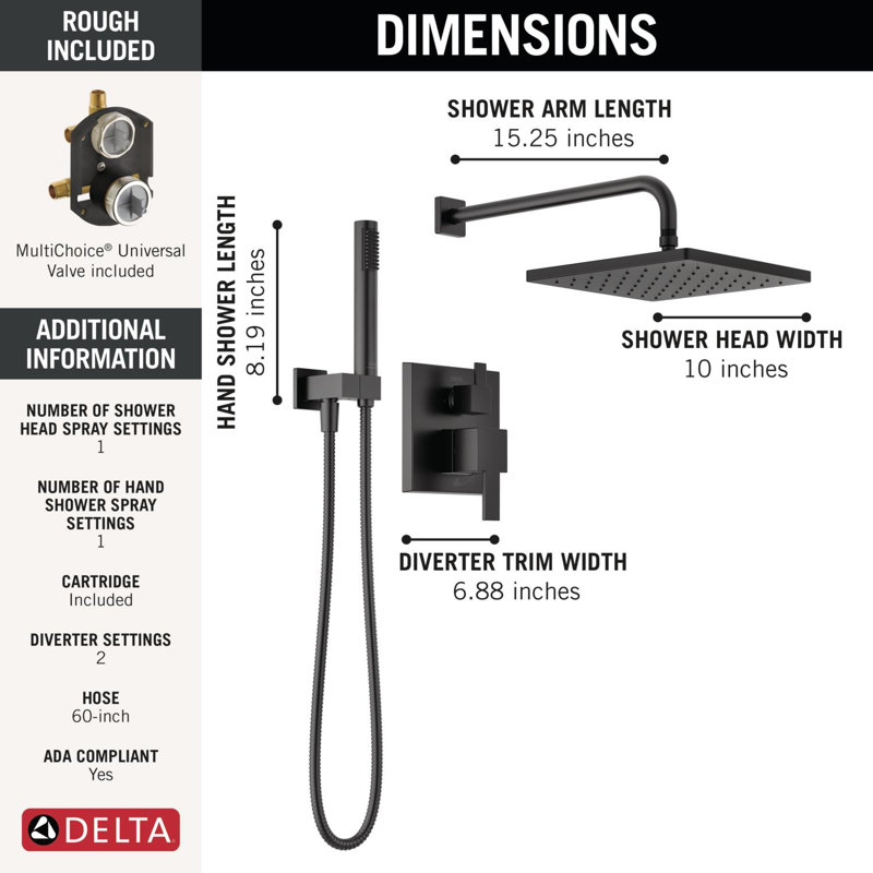 Ensemble de robinet de douche à pluie carrée Modern 14 Series, ensemble de pommeau de douche et poignées noir mat Rainfall, ensemble de garniture de valve, 10 pouces, noir mat