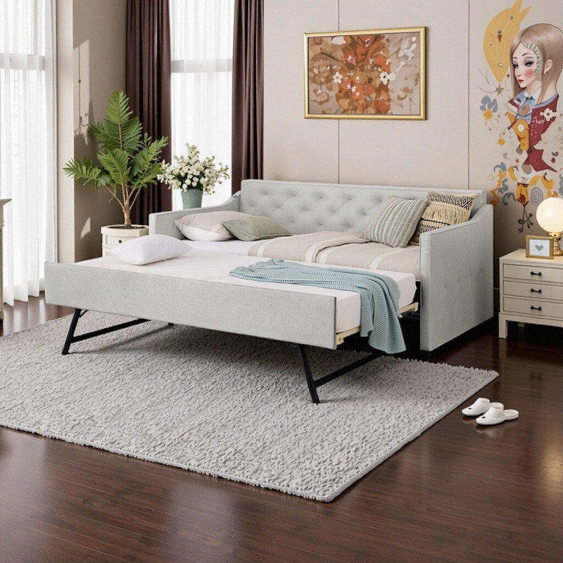 Twin Size Upholstered Daybed With Pop-Up Trundle USB Charging Plywood & MDF Frame, Beige