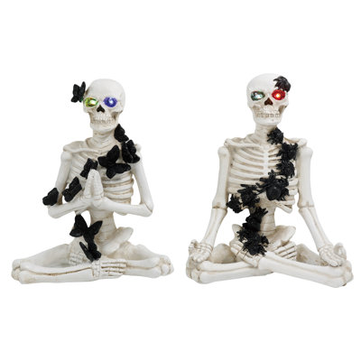 Ensemble de 2 figurines de squelette de yoga lumineuses en résine LG, décoratives d'Halloween à pile, décor intérieur pré-éclairé, parfait pour les cadeaux et les cadeaux d'hôtesses, design en résine blanche