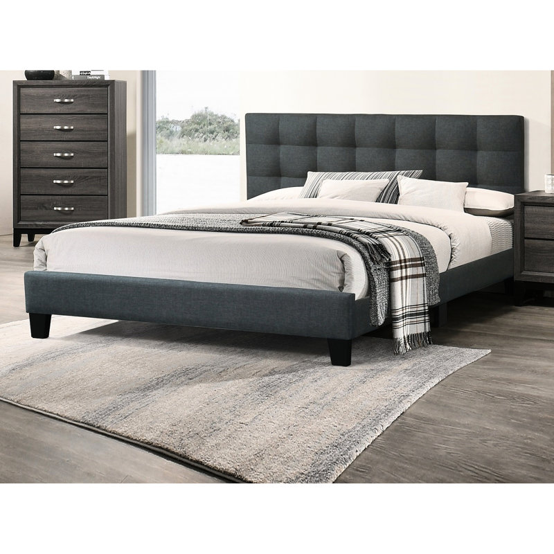 Full Size Bed With Charcoal Polyfiber Headboard And Strong Platform Construction For Bedroom Upholstered Dependable Bedframe