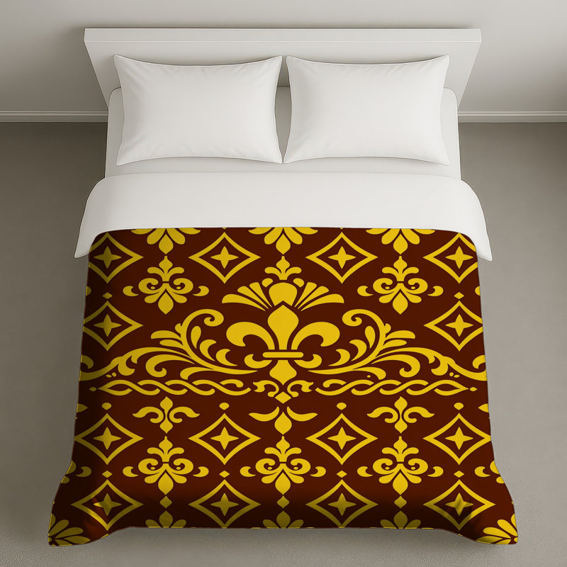 Housses de couette à motif damassé jaune et brun, Queen
