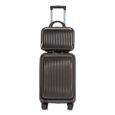 14"/20" 2 pcs/set in ABS Spinner Wheel Luggage, with Combination Lock and Front Opening Design, 14" Cosmetic Case (Brown)
