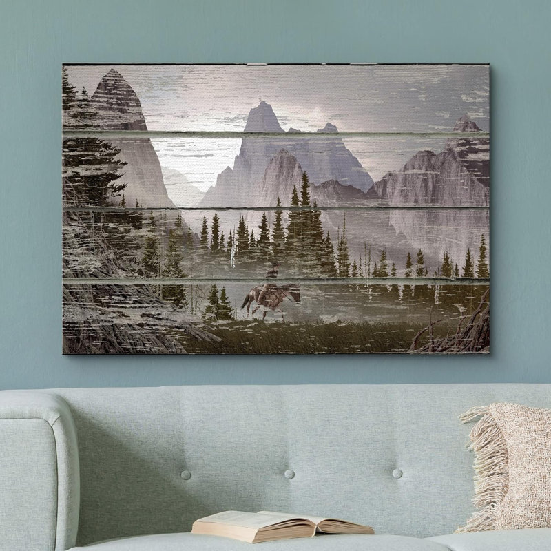Western Wood Effect Landscape " Rustic Mountain Forest Scenery Western Cowboy On A Wood Effect Background Farmhouse Country Decor "