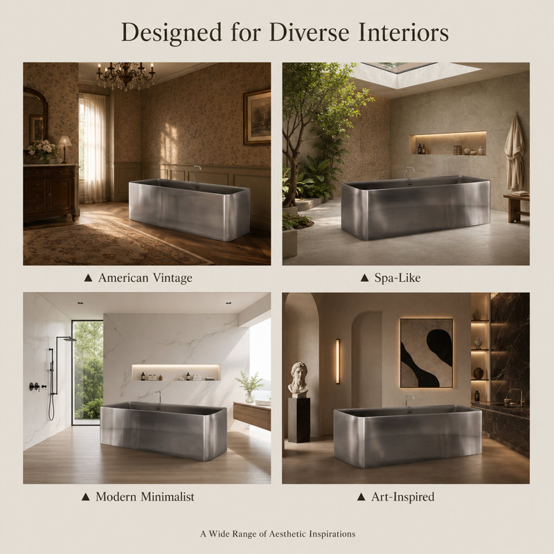 Vast Studio Aged Silver/White Freestanding Rectangular Bathtub – Deep Soaking Solid Surface Luxury Tub with Minimalist Architectural Design & Metallic Premium Finish