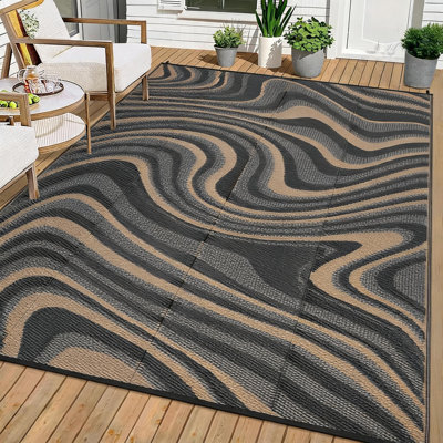 Grand tapis d'extérieur imperméable abstrait 9 x 18, tapis de camping en paille réversible en plastique, tapis extérieurs neutres résistants aux rayons UV pour pique-nique, terrasse, balcon, café noir