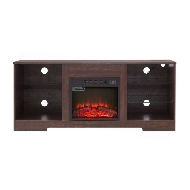 Meuble télé avec foyer électrique et tablettes en verre, meuble télé avec foyer et lumières DEL en bois avec prise de charge USB Centre de table de télévision moderne pour téléviseur de 32 à 62 po