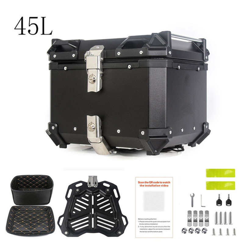 Coffre de moto, boîte de queue de moto de 45 L, coffre de moto en alliage d'aluminium imperméable, boîte de rangement pour bagages avec couvercle de sécurité unique, plaque de base et outils d'installation