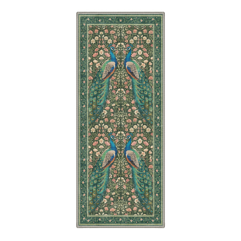 Peafowl Collection Vintage Machine Green Indoor Area Rug with Non-Slip Backing, Runner 2' x 6'