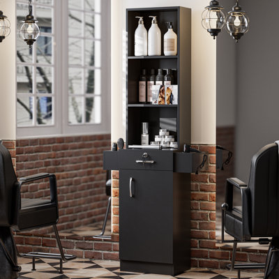 Station de rangement pour salon de beauté, avec étagère de rangement à 5 niveaux, 1 tiroir, 1 porte, 6 supports pour sèche-cheveux Beauty