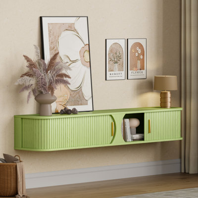 Mid-Century Modern Floating TV Stand With Power Outlet, RGB LED Lights And Sliding Door