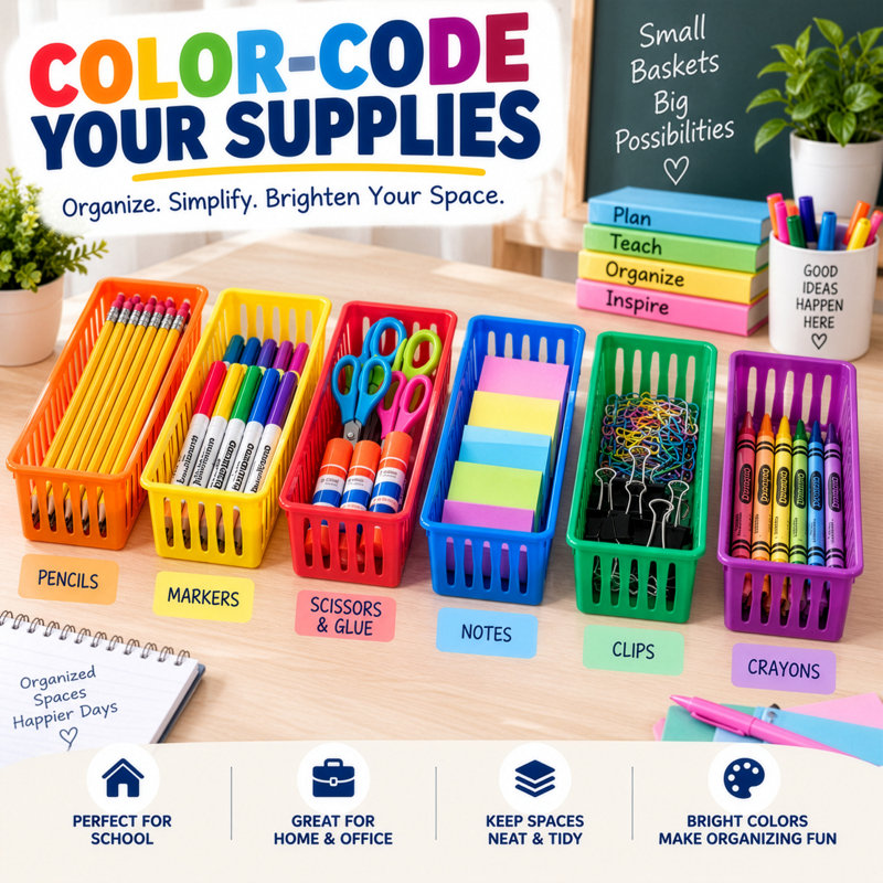 Paniers de rangement en plastique de 12 pièces de Basic Basic pour l'organisation scolaire Articles essentiels pour le bureau Accessoires de bureau Fournitures d'art Crayons Crayons Ciseaux Trombones Parfait pour la salle de classe Bureau à domicile et salle de bricolage