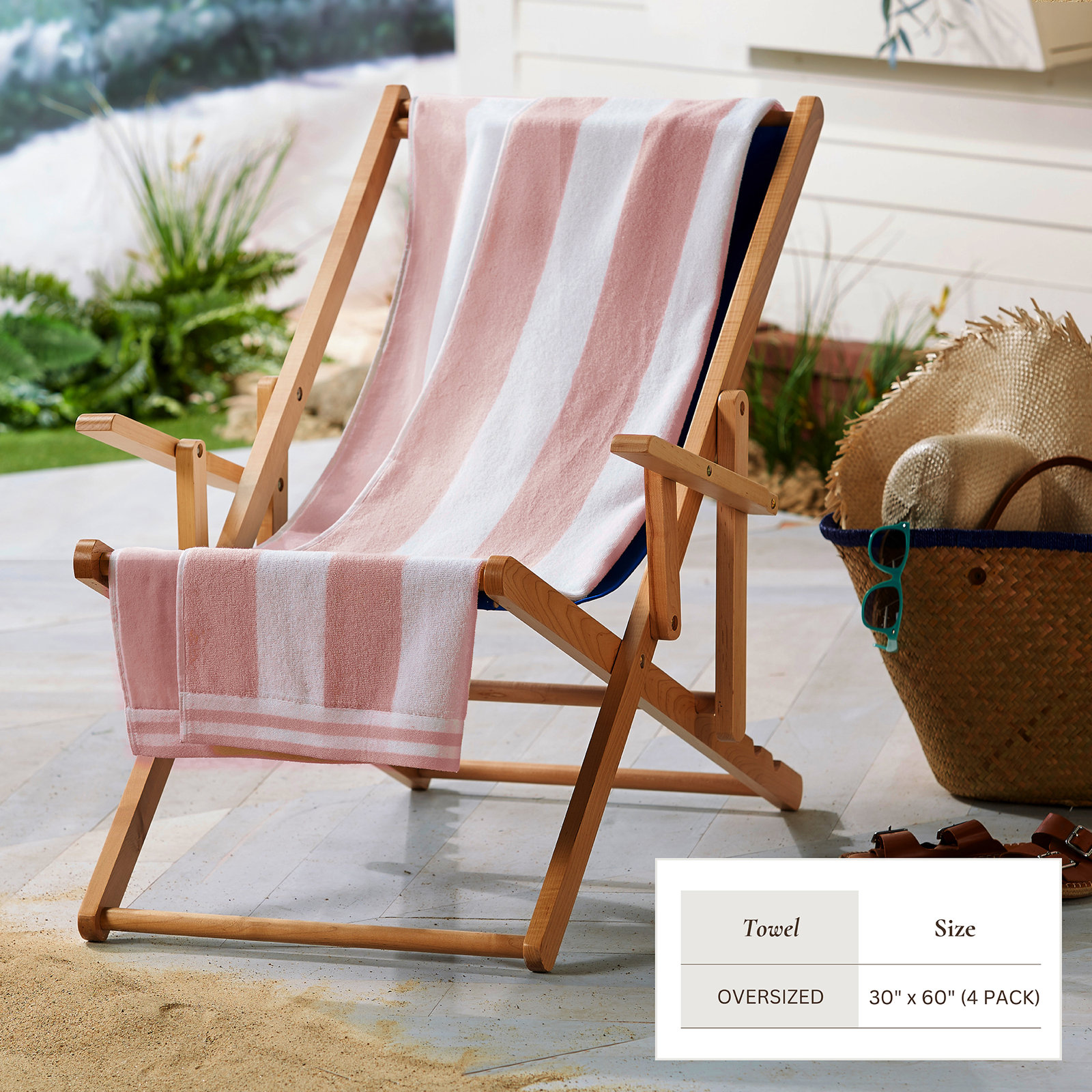 4-Piece Cotton Beach Towel Set, Dusty Rose / White