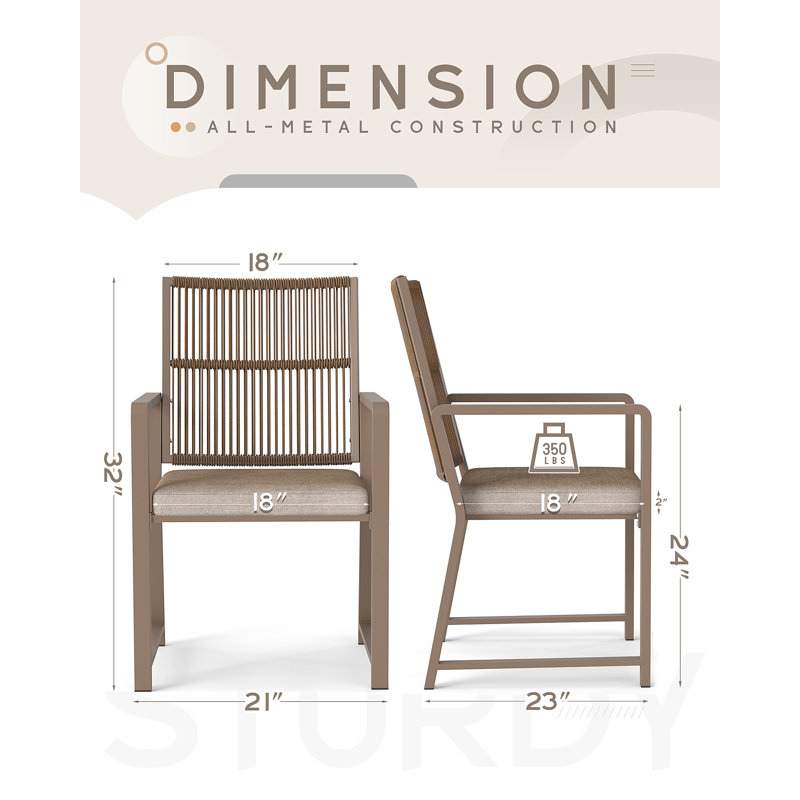 Set of 2 Patio Dining Chairs, Metal Outdoor Chairs with Removable Cushion, 105° Ergonomic Backrest & Woven Design, Weather Resistant, Brown