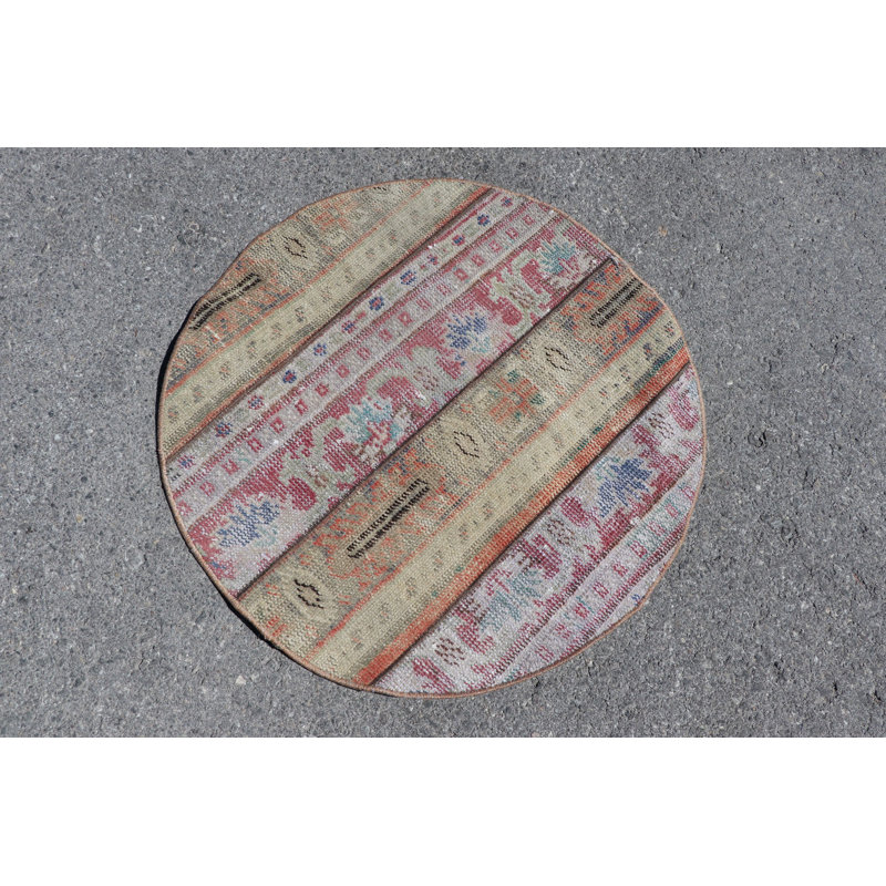 Small Round Pink Turkish Anatolian Vintage Rug Ideal For Bathrooms And Door Mats