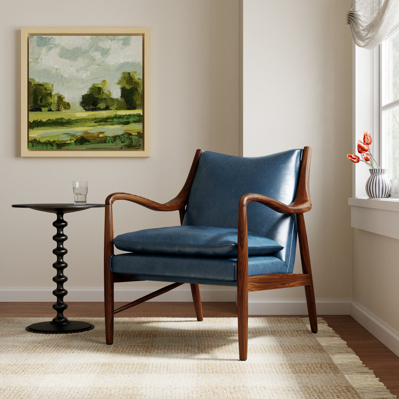 Kiannah Genuine Leather Armchair, Dark Blue Genuine Leather