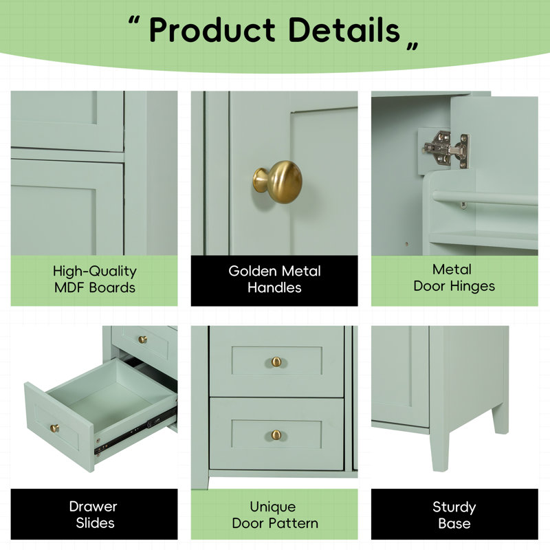 36" Freestanding Bathroom Storage With Sink, Modern MDF-Rubberwood Cabinet, Sink Is Included., Green
