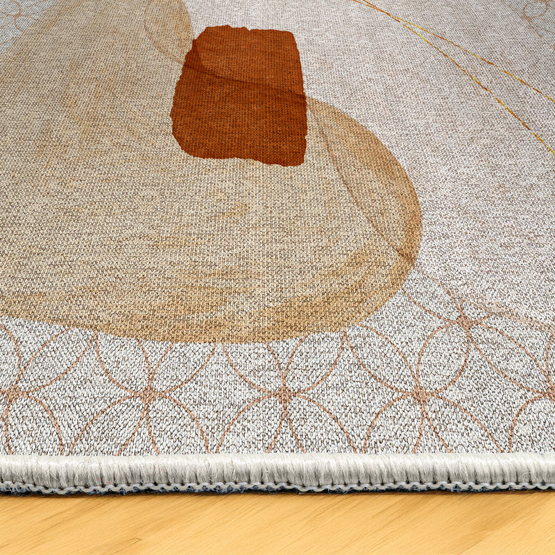 Tapis à motif numérique beige en coton et polyester à imprimé numérique Elara Collection, Rond 3 pi 4 po
