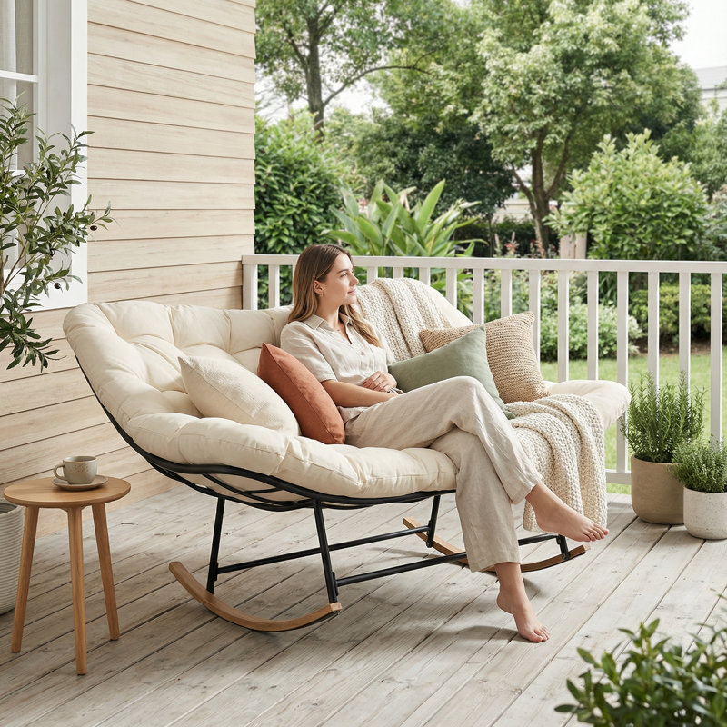 Oversized 2-Person Wooden Base Rocking Chair with 6" Thick Cushions, Indoor/Outdoor Loveseat Rocker, White