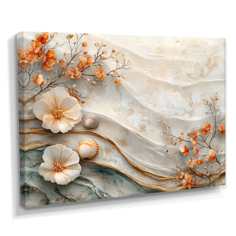 Coquillage blanc et paysage de plage marbrée I - art mural côtier pour le salon, H 30 po x l 40 po, Toile tendue