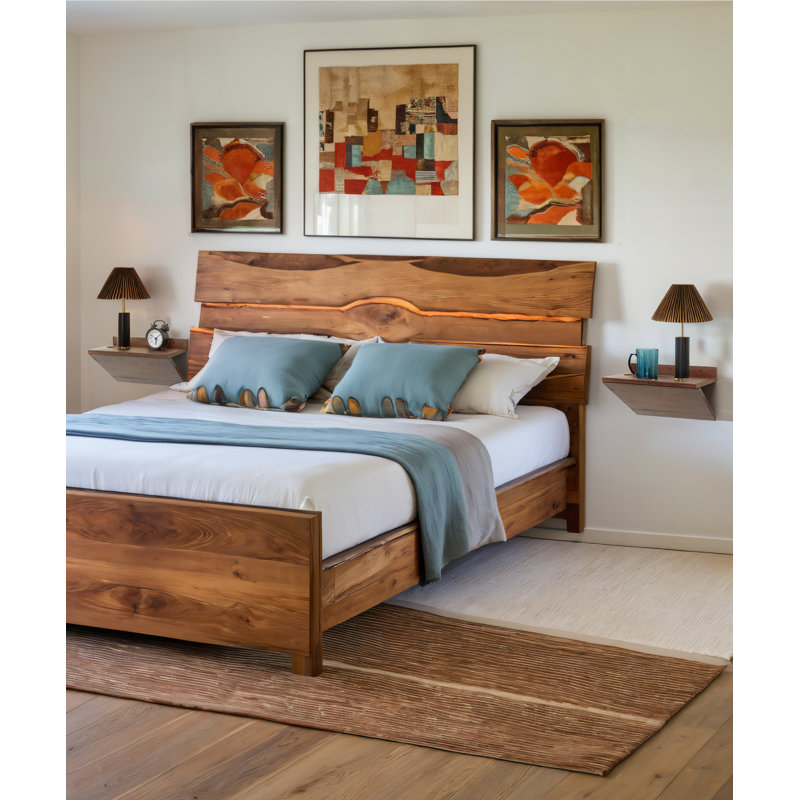 Bisma Floating Nightstand 2 Piece Set, Z-Shape Pine Wood Floating Bedside Tables for Bedroom, Walnut