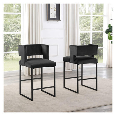 Ensemble de 2 tabourets à hauteur de comptoir moderne 27 po avec revêtement en velours et pieds en métal noir Modern