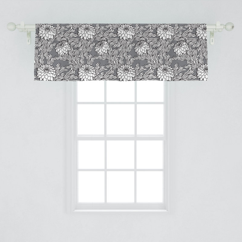 Grey Black and Coconut Floral Satin Rod Pocket Window Valance