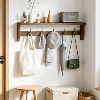 Porte-manteau mural avec tablette pour entrée, couloir, chambre et salle de bain, cintre en bois pour chapeaux et vestes avec tablette de rangement, crochets muraux de style campagnard pour suspendre manteaux, sacs, clés et décoration