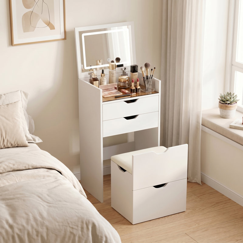 Meuble-lavabo compact 3 en 1 avec miroir à DEL rabattable, tiroirs de grande capacité et espace de rangement dissimulé, Blanc