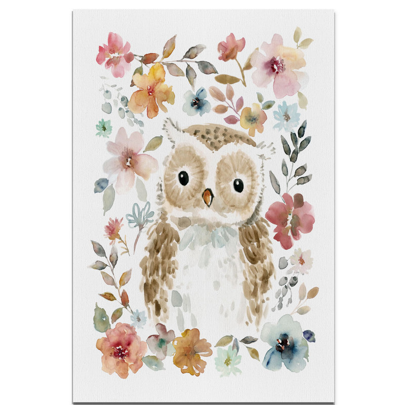 " Flowers And Friends Owl ", 18" H x 12" W x 1.5" D, Wrapped Canvas