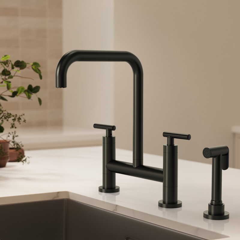 Robinet de cuisine Bridge avec bec pivotant, robinet de cuisine avec douchette latérale, Noir mat