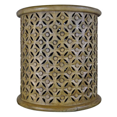 White Moroccan Carved Round End Table