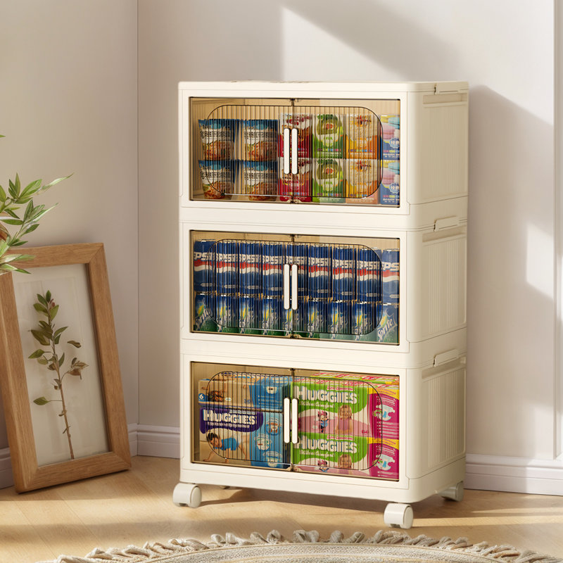 Bacs de rangement empilables et pliables avec couvercles et roulettes, Beige / transparent, 93