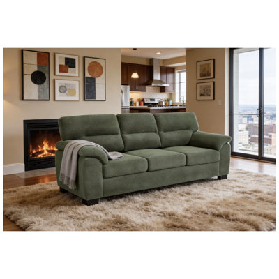 Modern 3-Seater Sofa in Dark Green | Textured Upholstered Couch with Pillow Top Arms for Living Room