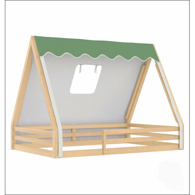 Lit House House avec tente et lumière, tipi en bois massif avec garde-corps pleine longueur, idéal pour les chambres à coucher Montessori et enfantines