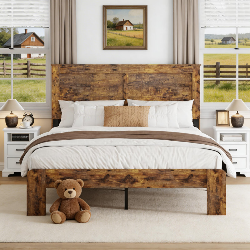 Full Size Wood Platform Bed Frame,Full Size Bed Frame with Headboard,Rustic Farmhouse Bed Frame,No Spring Box Required, Easy Assembly, Brown