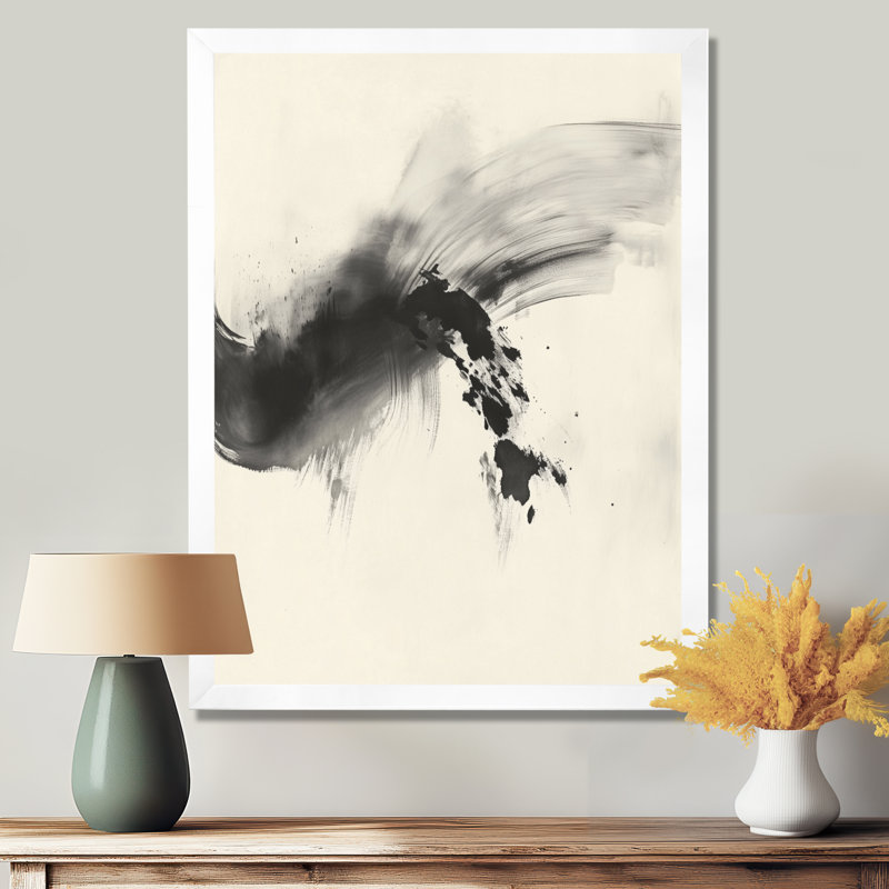 Peinture abstraite minimaliste « Lavis d'encre fluide noir et gris II » encadrée, H 32 po x l 16 po, White Picture Framed