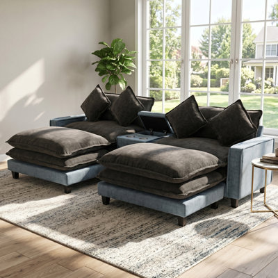 Canapé d'angle de 111 pouces, tissu chenille, ensemble de 4 pièces, canapé d'angle, gris et bleu pâle, avec 2 poufs