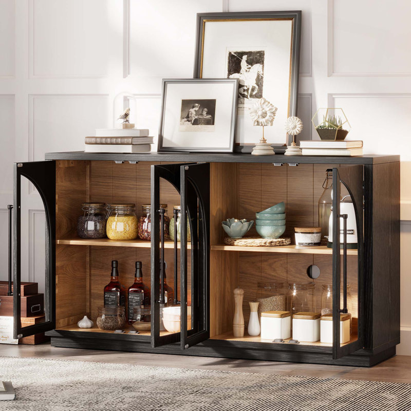 4-Door Large Storage Sideboard Buffet Cabinet With Glass Doors, Arched Cabinet With Adjustable Shelves For Kitchen, Dining Room And Living Room