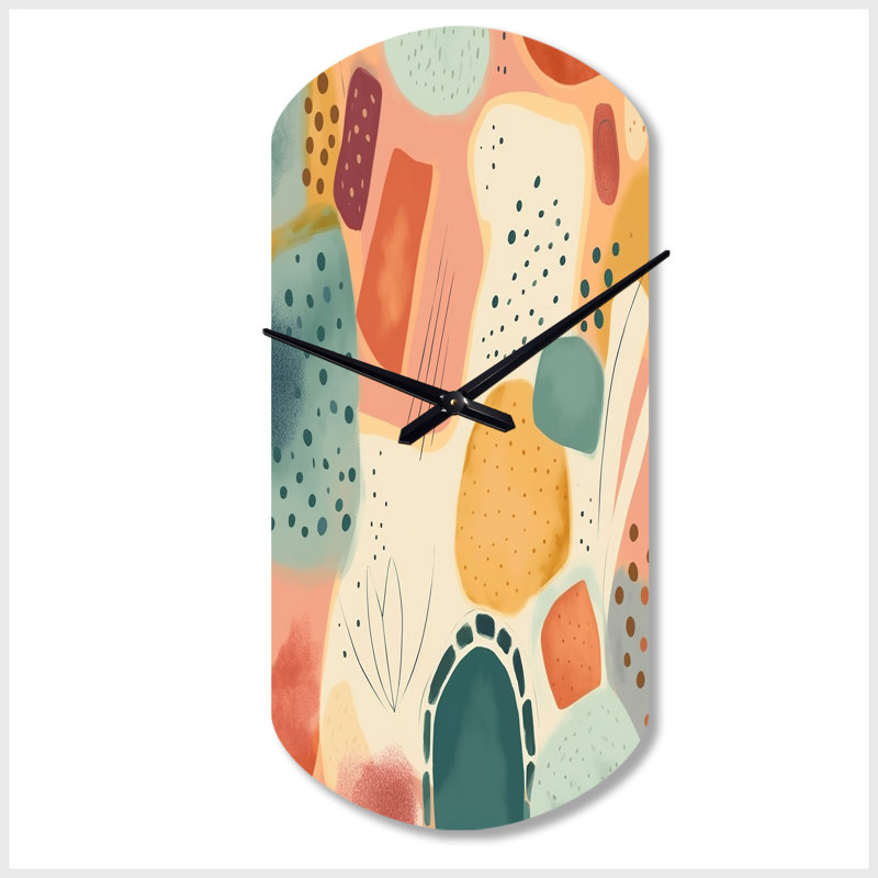 Orange amusant motif de formes I - horloge murale géométrique asymétrique en métal, impression d'horloge murale cylindrique moderne