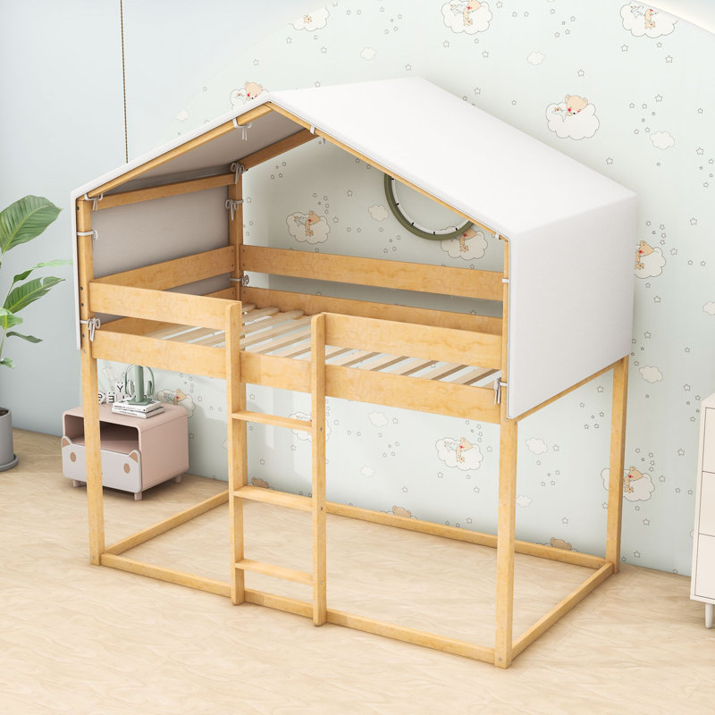 Lit superposé simple en bois avec tente de jeu, Naturel